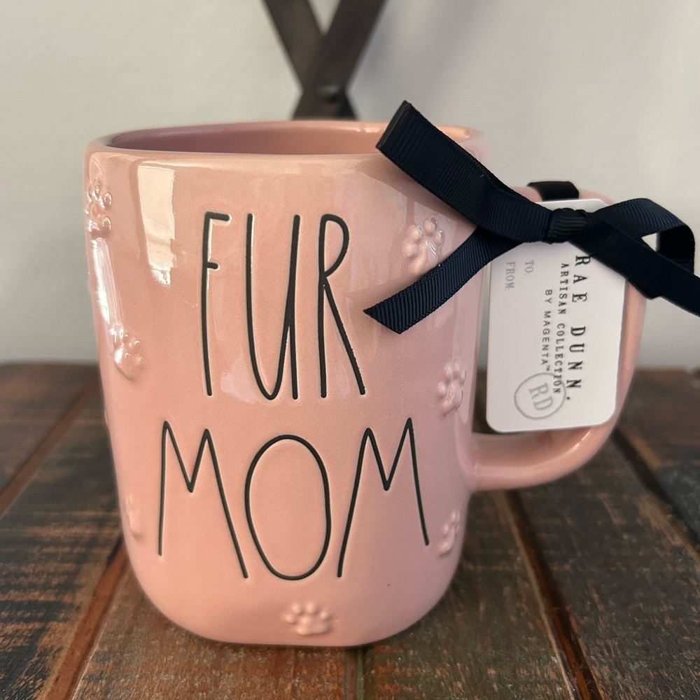 Rae Dunn Pink FUR MOM Mug With Paw Prints Mother’s Day Animal Lover NEW